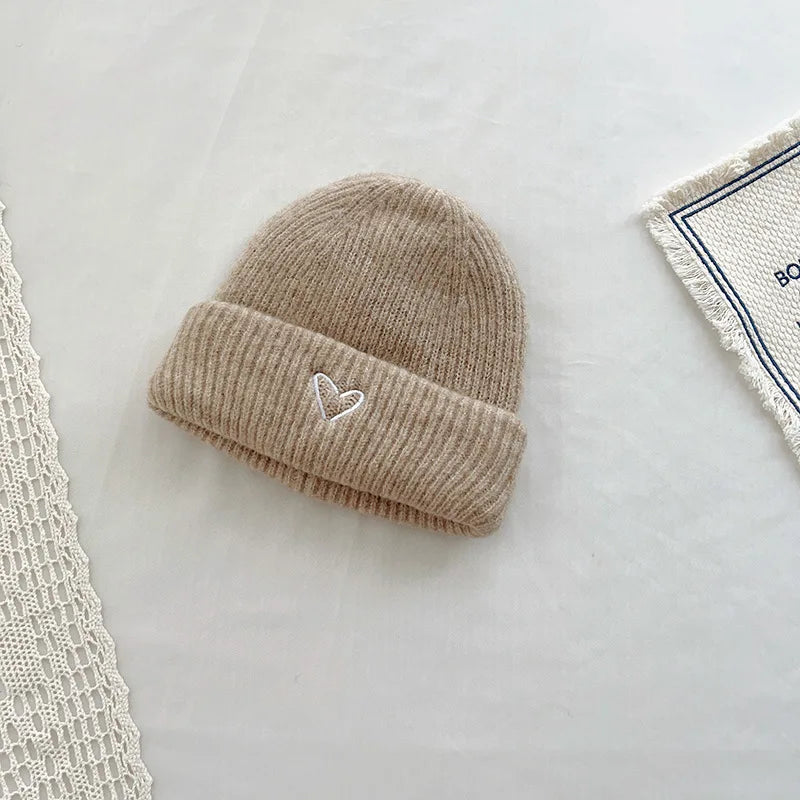 Love Heart Embroidery Baby Knit Hats Winter Children Solid Color Thick Soft Crochet Warm Beanie Cap Kids Korean Outdoor Warm Hat