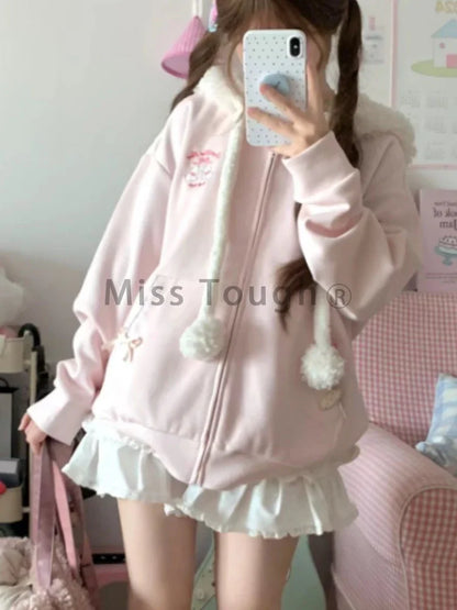 Autumn Kawaii Sweet Long Sleeve Loose Coat Women Japanese Cute Zipper Embroidery Hoodie Female Casual Chic Solid Lovely Overcoat