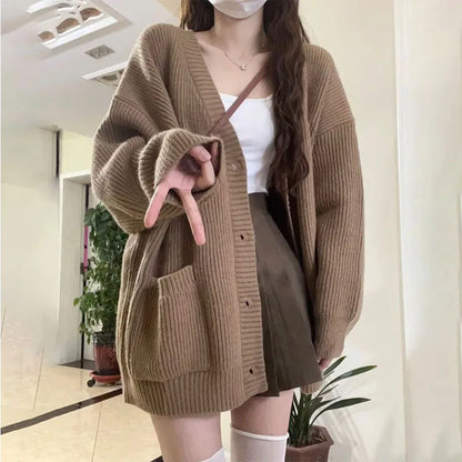 Autumn Winter Women Cardigan Sweater Coats Fashion Female Long Sleeve V-neck Loose Knitted Jackets Casual Sweater Cardigans