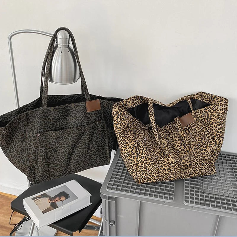 Women Shoulder Bags Canvas Totes Vintage Leopard Large Capacity Elegant Ladies Daily Leisure Handbags Designer Shopping Pouch