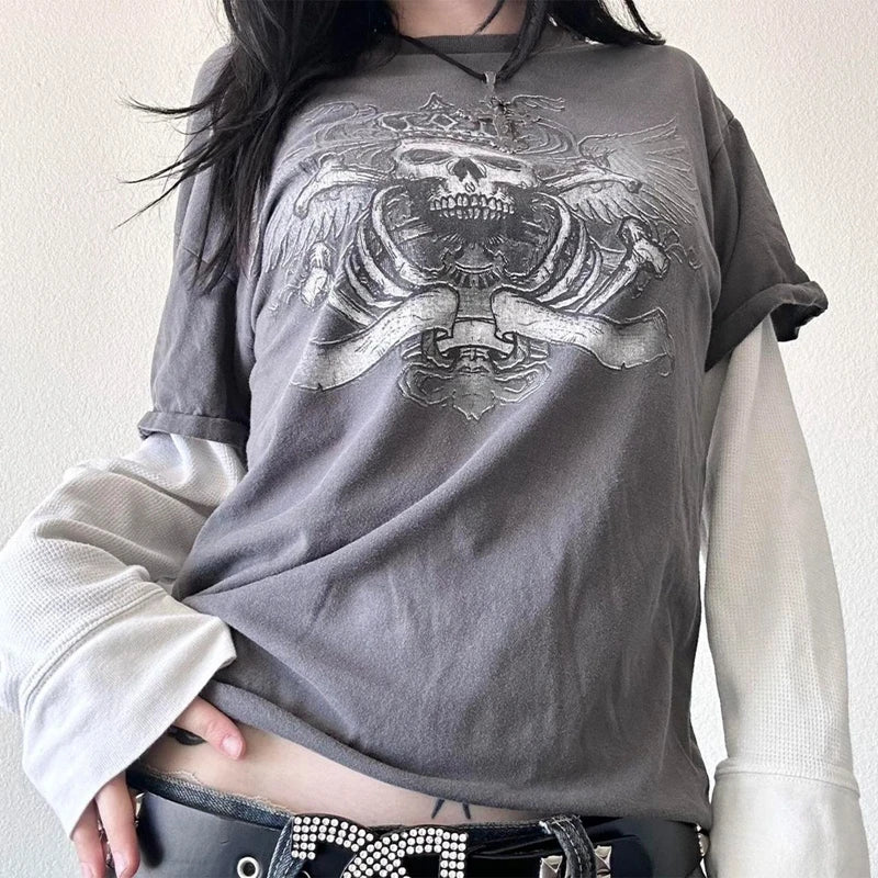 Y2K Grunge Emo Vintage T-shirt 2000s Cross Cyber Goth Patchwork Long Sleeve Tees E-girl Gothic Harajuku Loose Tops Women Men