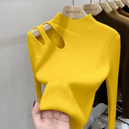 Hollow-out Turtleneck Knitted Women Sweater Ribbed Pullovers Autumn Winter Basic Women Sweaters Fit Soft Warm Tops