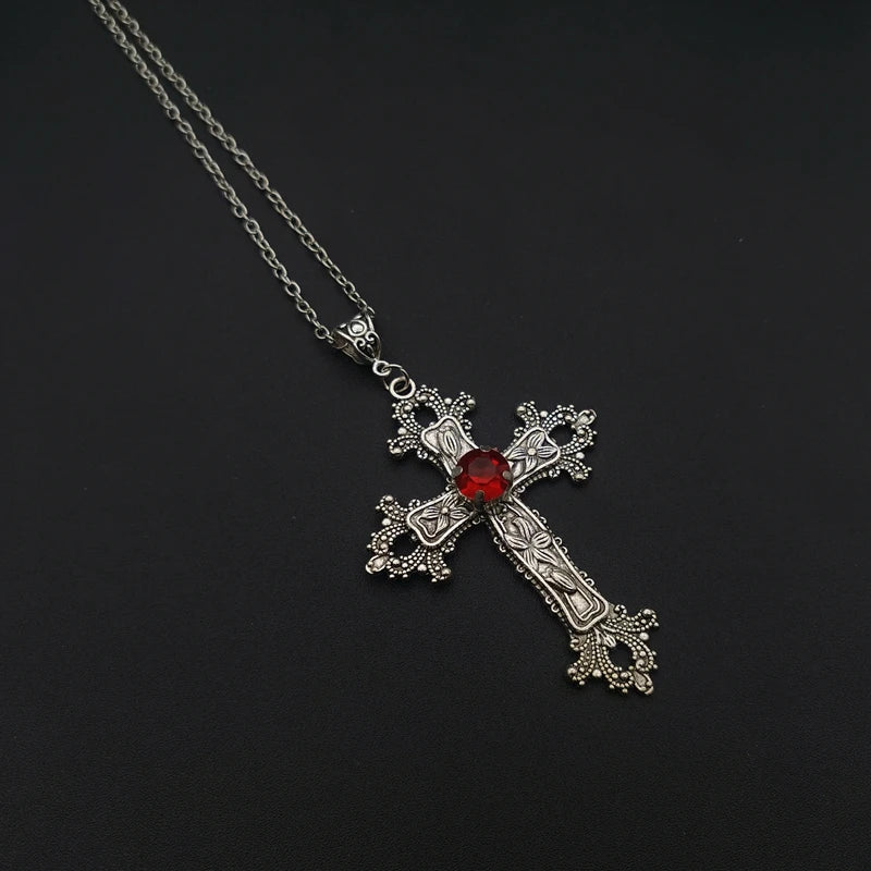 Large Detailed Cross Drill Pendant Jewel Necklace Silver Color Tone Gothic Punk Jewellery Fashion Charm Statement Women Gift(Red