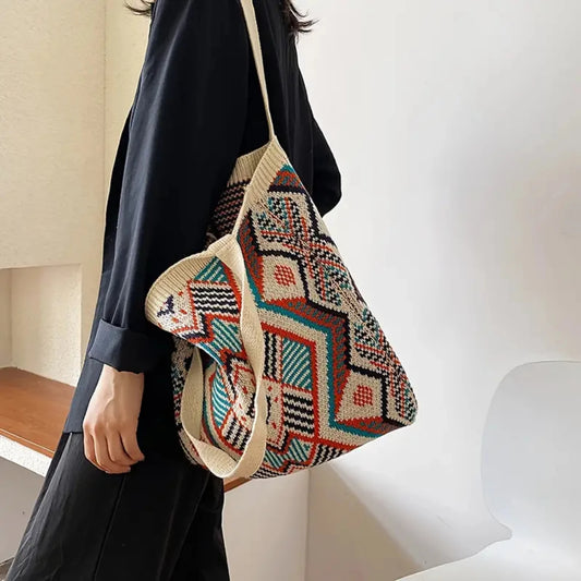 Geometric Graphic Handbag - Trendy and Versatile Knitting Design Tote Bag - Stylish Foldable Shopper Bag with Multiple Uses