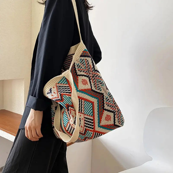 Geometric Graphic Handbag - Trendy and Versatile Knitting Design Tote Bag - Stylish Foldable Shopper Bag with Multiple Uses