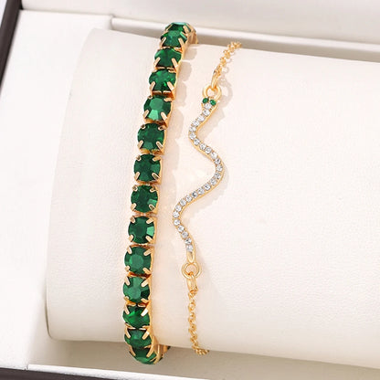 4 Piece Set Women Retro Green Diamond Square Bracelet Versatile Diamond Bracelet Fashionable Versatile Personalized Accessory