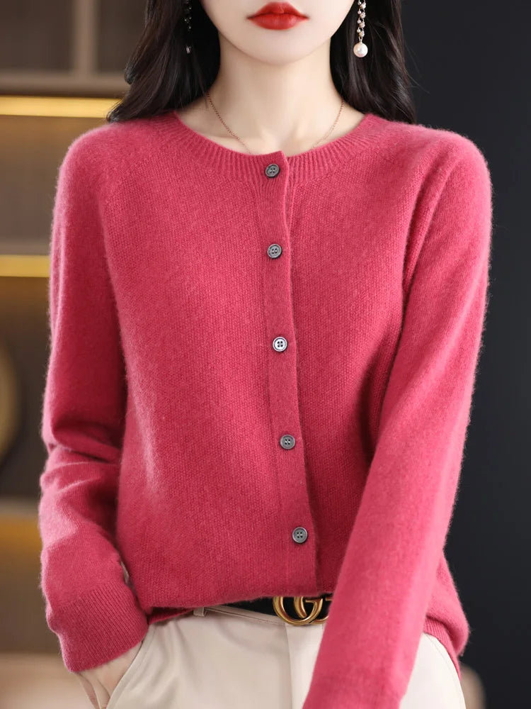 Long Sleeve 100% Merino Wool Sweaters Cashmere Cardigan Spring Autumn Women O-Neck Knitwear Tops Clothing Fashion Basic Tops