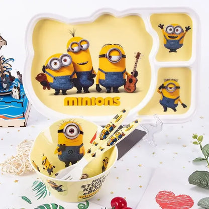 Despicable Me Minions Cartoon Cute Divided Dinner Plate Anti-fall Anti-scald Bowl Spoon Chopsticks Kawaii Children's Tableware