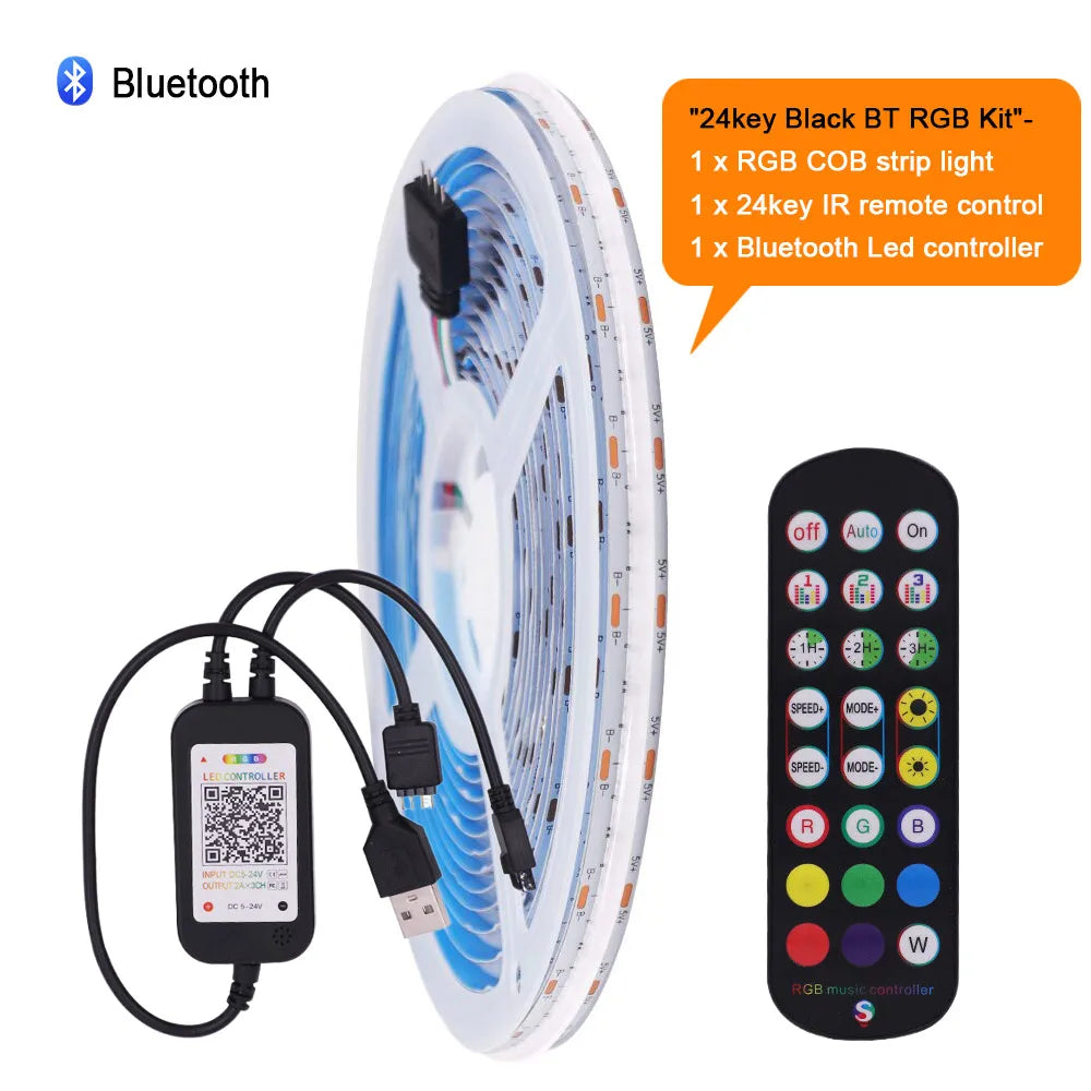 5V USB RGB COB LED Strip Light Wifi Bluetooth-compatible Remote Control 24key 44key Kit 576 LEDs Flexible Tape Linear Lighting