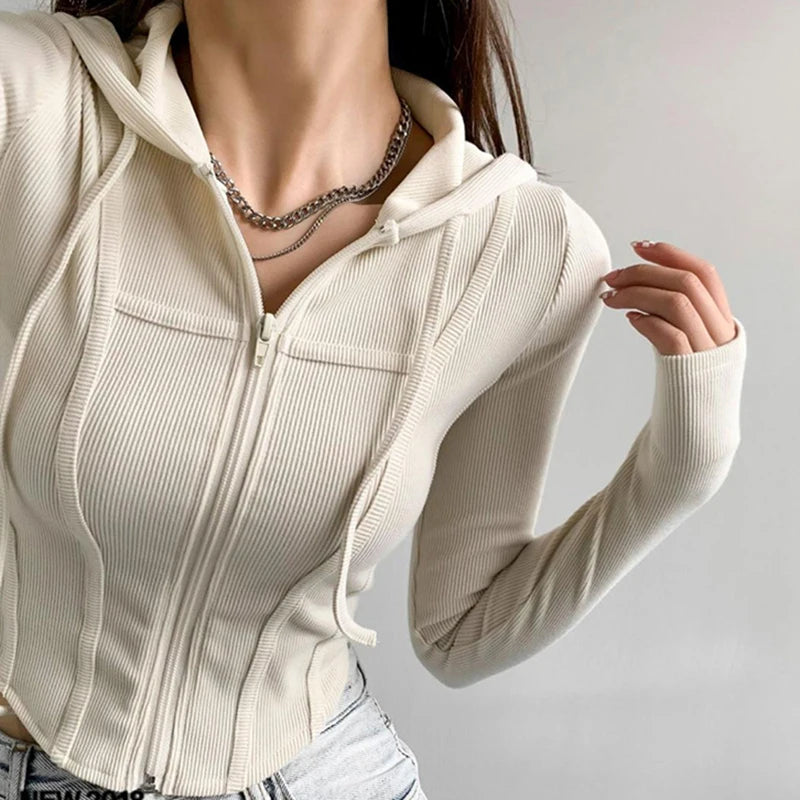 Thin Hooded Cardigan Women Korean Vintage Slim Summer Solid Sports Jacket Vertical Pit Stripe Zipper Female Sexy Cropped Tops