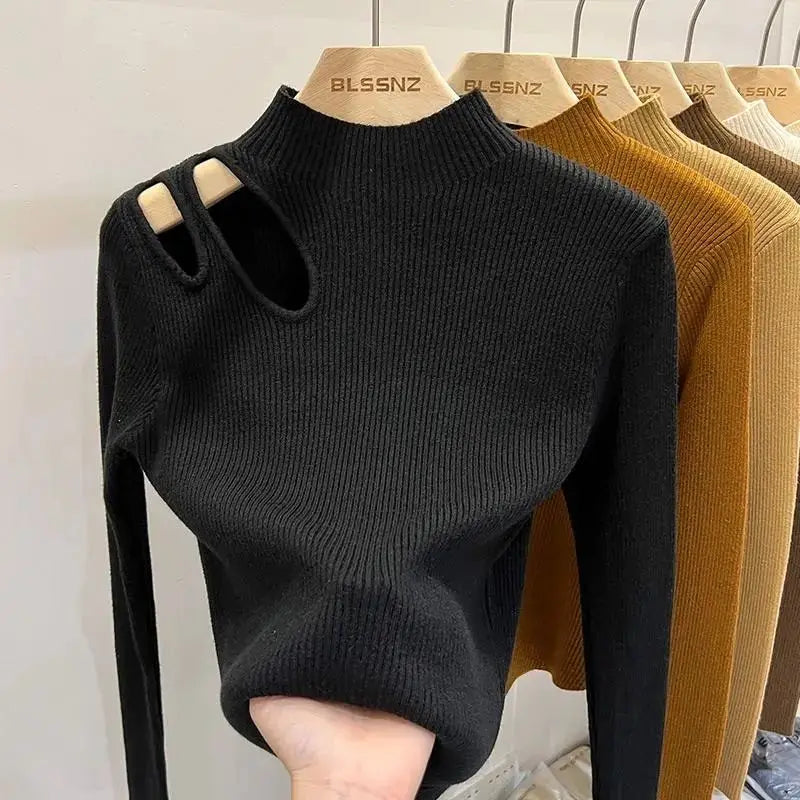 Hollow-out Turtleneck Knitted Women Sweater Ribbed Pullovers Autumn Winter Basic Women Sweaters Fit Soft Warm Tops