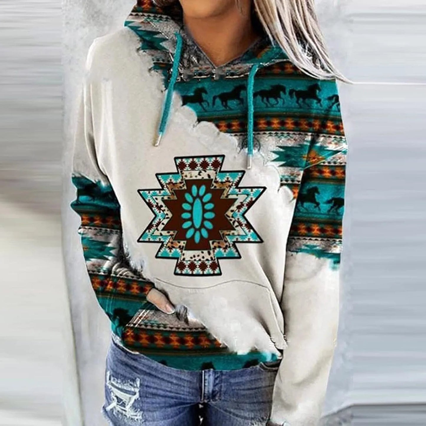 Womens Casual Geometric Horse Print Long Sleeve Drawstring Pullover Tops, Ethnic Style Hooded Sweatshirt