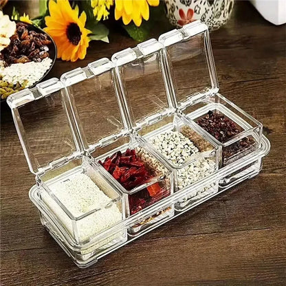 Four in one PET high transparency plastic seasoning box set for kitchen and household use with spoon seasoning bottle