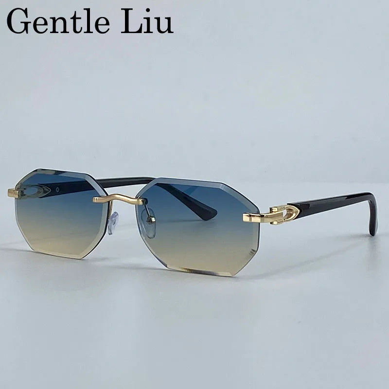 Small Frame Hexagon Rimless Sunglasses Men 2025 Luxury Brand Rectangle Sun Glasses Male Retro Cutting Lens Vintage Eyewear UV400