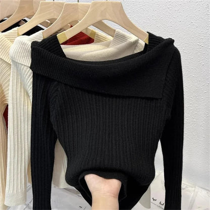 Women's Slim Sweater Pullover Tops Off-Shoulder Knit Basic Spring Autumn New Style Sweater Korean Fashion Winter Clothes Women