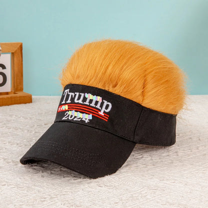 Make America Great Again 2024 Election Yellow Hair Wig Cap Trump Hip Hop Baseball Fashion Funny Embroidered Hat with Wide Brim