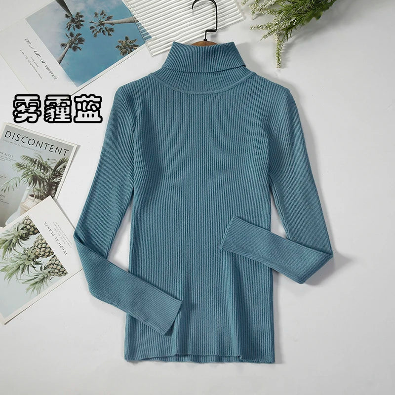 2025 Simple Women Turtleneck Sweater Winter Fashion Pullover Elastic Knit Ladies Jumper Casual Solid Black Female Basic Tops