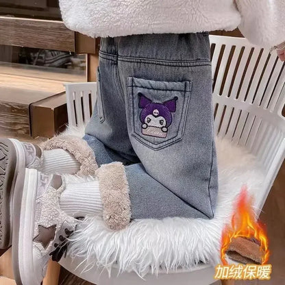 Kuromi Anime Sanrio Ins Children Fleece Thick Jeans Pants Cute Cartoon Kawaii Warm Casual Trousers Clothing Gifts for Kids