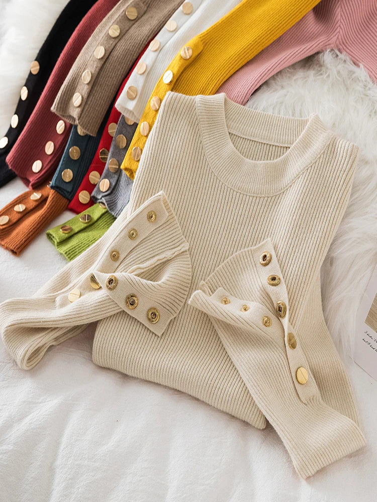 2025 women thick sweater pullovers khaki casual autumn winter button o-neck chic sweater female slim knit top soft jumper tops