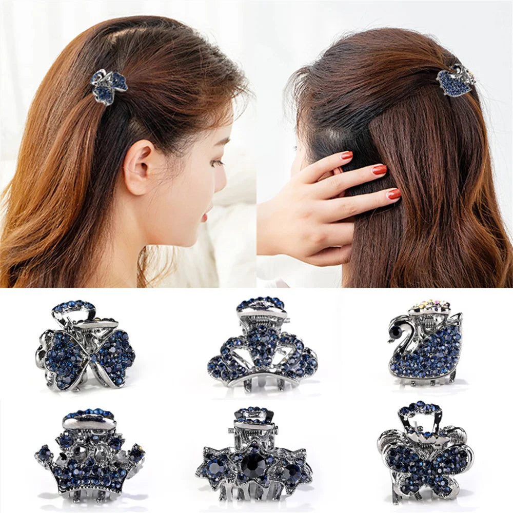 Mini Swan Rhinestone Hair Claw For Women Retro Diamond Crown Bowknot Hair Grip Small Hairpins Girl Hair Accessories