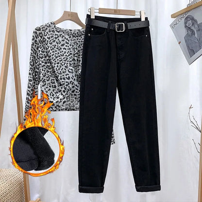 Fleece Thick Warm Straight Leg Jeans, Women's New Autumn and Winter Fashion Loose High-waisted Harlan Jeans, Casual Daddy Pants