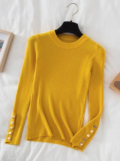 2025 women thick sweater pullovers khaki casual autumn winter button o-neck chic sweater female slim knit top soft jumper tops