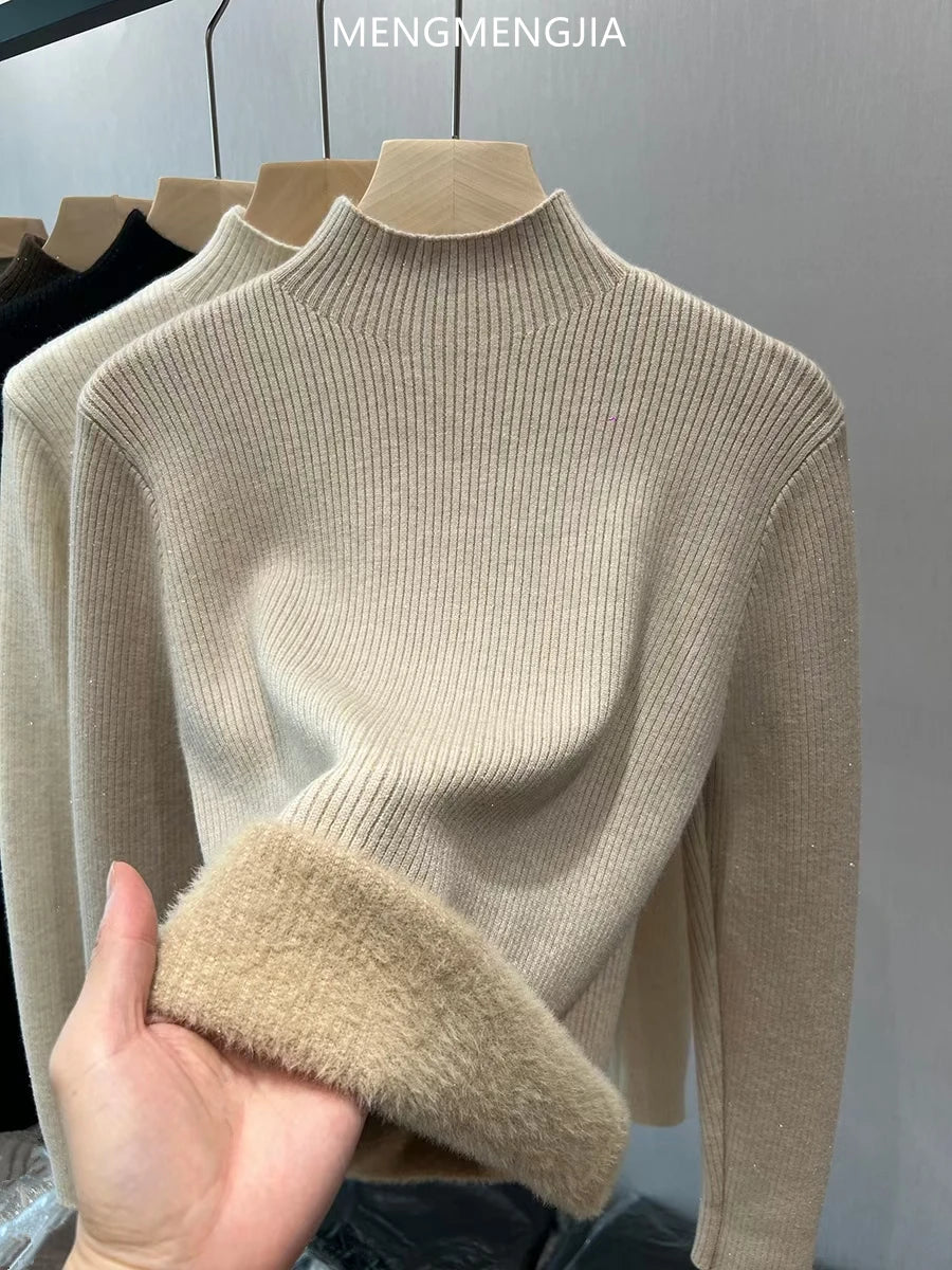 Turtleneck Winter Sweater Women Elegant Thicken Velvet Lined Warm Sueter Knitted Pullover Slim Tops Jersey Knitwear Jumper New