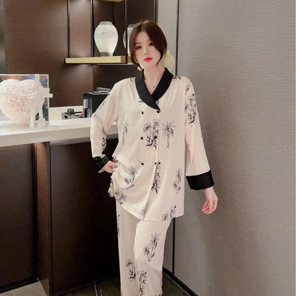 Chinese Printed Sleepwear Pyjama Suit Women Two-Piece Pajamas Set Spring Long Sleeve Shirt Trouser Satin Nightwear Homewear