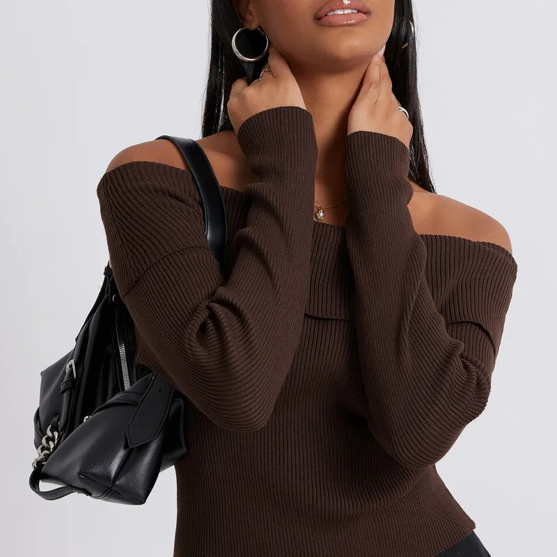 Top Women Off Shoulder Knit Sweaters Crop Tops Spring Autumn Clothes Elegant Long Sleeve Solid Color Slim Ribbed Sweaters