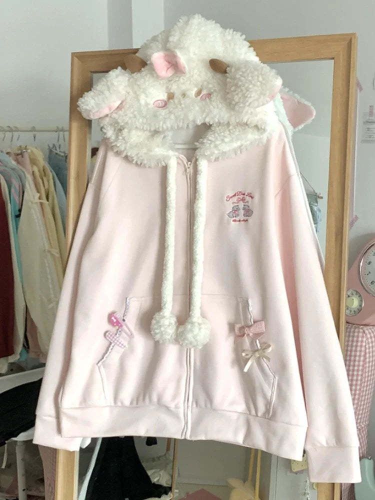 Autumn Kawaii Sweet Long Sleeve Loose Coat Women Japanese Cute Zipper Embroidery Hoodie Female Casual Chic Solid Lovely Overcoat