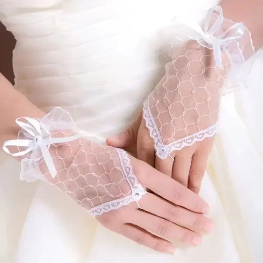 Gothic Short Black Gloves Female Harajuku Lace Bridal Wedding Halloween Lolita Dress Net Gauze Bow Hand Sleeve Fishnet Gloves