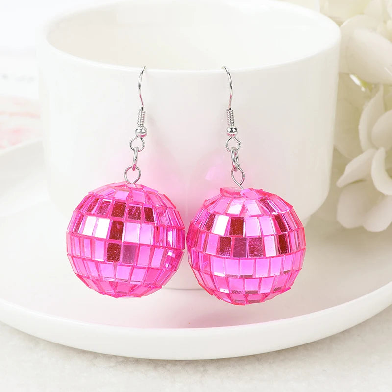 1Pair Fishon Dangle Earrings 3D Light Reflective Rotating Disco Ball For Women Birthday Part Gift