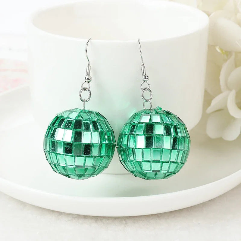 1Pair Fishon Dangle Earrings 3D Light Reflective Rotating Disco Ball For Women Birthday Part Gift