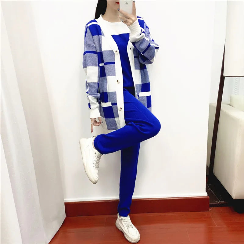 Spring Autumn Plaid Knit Women's Tracksuit Cardigan sweater coat + short sleeved top + Solid Harem Pants 3 Piece Set Women