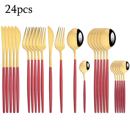 Zoseil Cutlery Set in Red and Gold Stainless Steel 24 Pcs Dinnerware Set in Flatware Kitchen Dinner Mmirror Stainless Steel