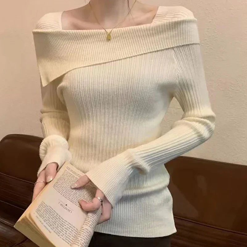 POCZCIY Women Slim Off Shoulder Knit Sweater Slash Neck Long Sleeve Knitwear Jumpers Office Sweater For Women 2024 Autumn Winter