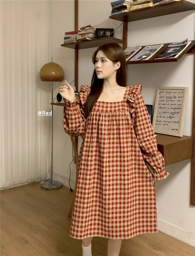 Red Plaid Cotton Pajamas Set Women Square Collar Shirts + Trousers Casual Loose Vintage Korean Sleepwear Night Wear Autumn Cute