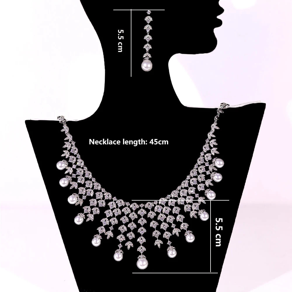 ASNORA 3A Cubic Zirconia Silver Color Tassel Necklace Luxury Pearl Jewelry Sets Bridal Dubai Wedding PROM Accessories