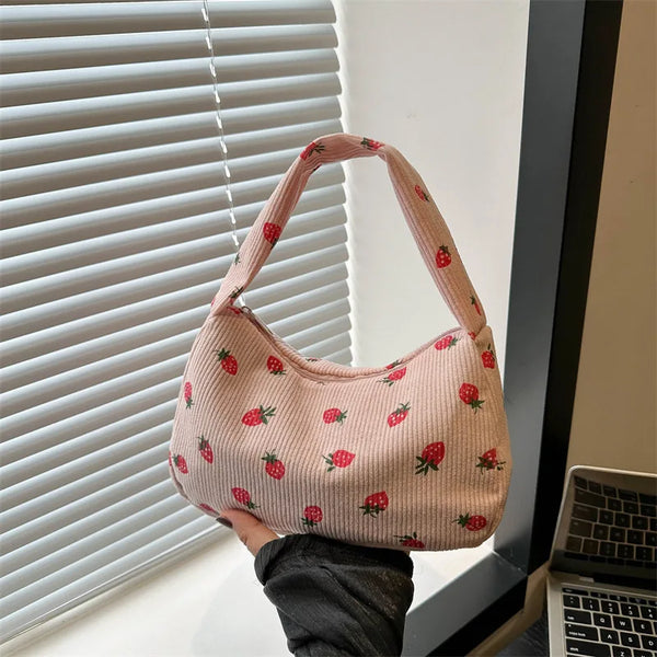 Women Small Corduroy Handbag Cute Strawberry Print Little Tote Underarm Bag Half Moon Design Eco Cloth Purse Mini Shoulder Bags