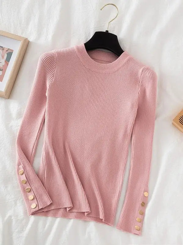 2025 women thick sweater pullovers khaki casual autumn winter button o-neck chic sweater female slim knit top soft jumper tops