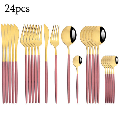 Zoseil Cutlery Set in Red and Gold Stainless Steel 24 Pcs Dinnerware Set in Flatware Kitchen Dinner Mmirror Stainless Steel