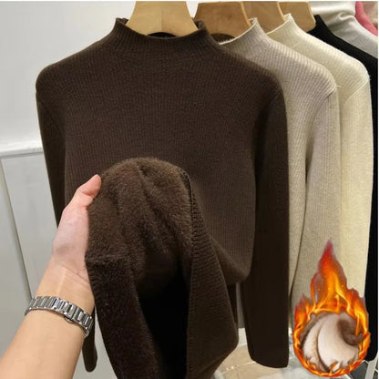 Turtleneck Winter Sweater Women Elegant Thicken Velvet Lined Warm Sueter Knitted Pullover Slim Tops Jersey Knitwear Jumper New