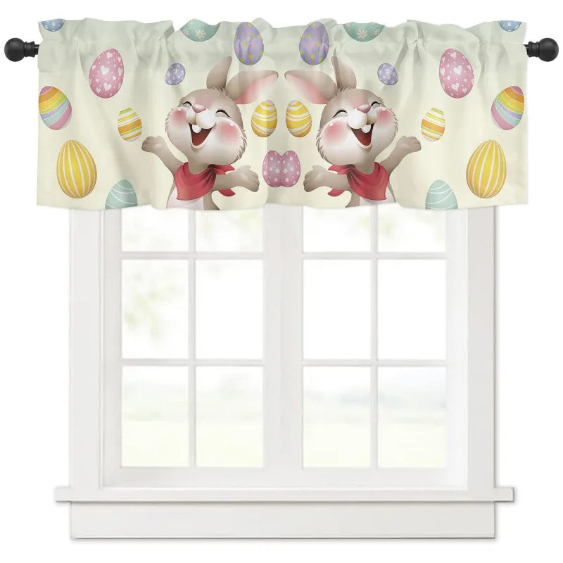 Easter Curtain Decorative for Kitchen Living Room Window Decor Rabbit Flowers Plant Retro Small Window Short Curtain 137x45cm