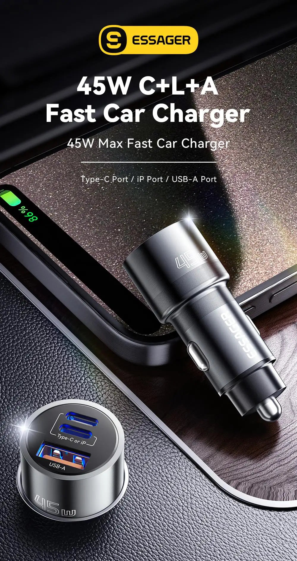 Essager iP Port Car Charger USB Type C PD QC 3.0 PPS 45W Fast Charging for iPhone 15 MacBook Samsung Xiaomi Mobile Phone Charger