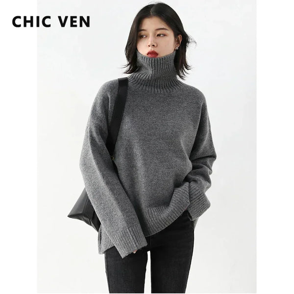 CHIC VEN Fashion Women's Loose Turtleneck Sweaters Warm Solid Pullover Knitwear Basic Female Jumpers Autumn Winter 2023