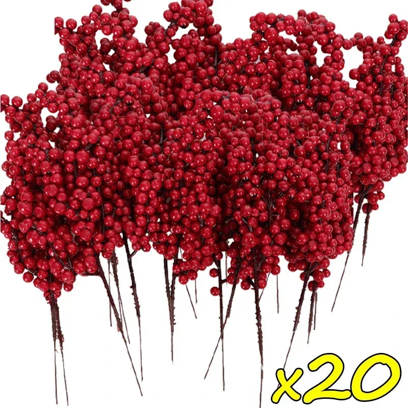 Christmas Red Berries Branch Fake Plants Flowers Artificial Holly Berry Stamen Wreath Ornaments for Xmas Tree Party Home Decor