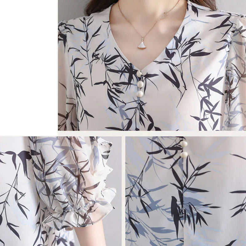 Summer Elegant Fashion Printed 3/4 Sleeve Shirt Women's Clothing Commute Loose Beading Spliced V-Neck Chiffon Blouse for Female