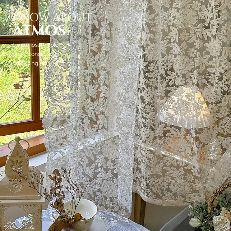 French Embroidery White Tulle Curtains Lace Gauze for Living Room Bedroom Cream Retro Wavy Edge Bay Window Girl Curtain Door