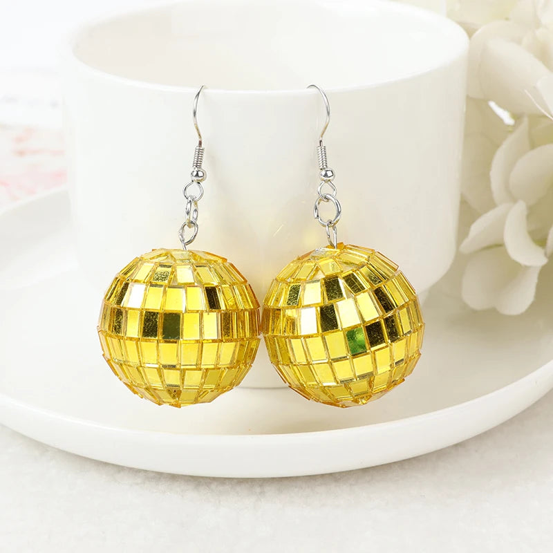 1Pair Fishon Dangle Earrings 3D Light Reflective Rotating Disco Ball For Women Birthday Part Gift