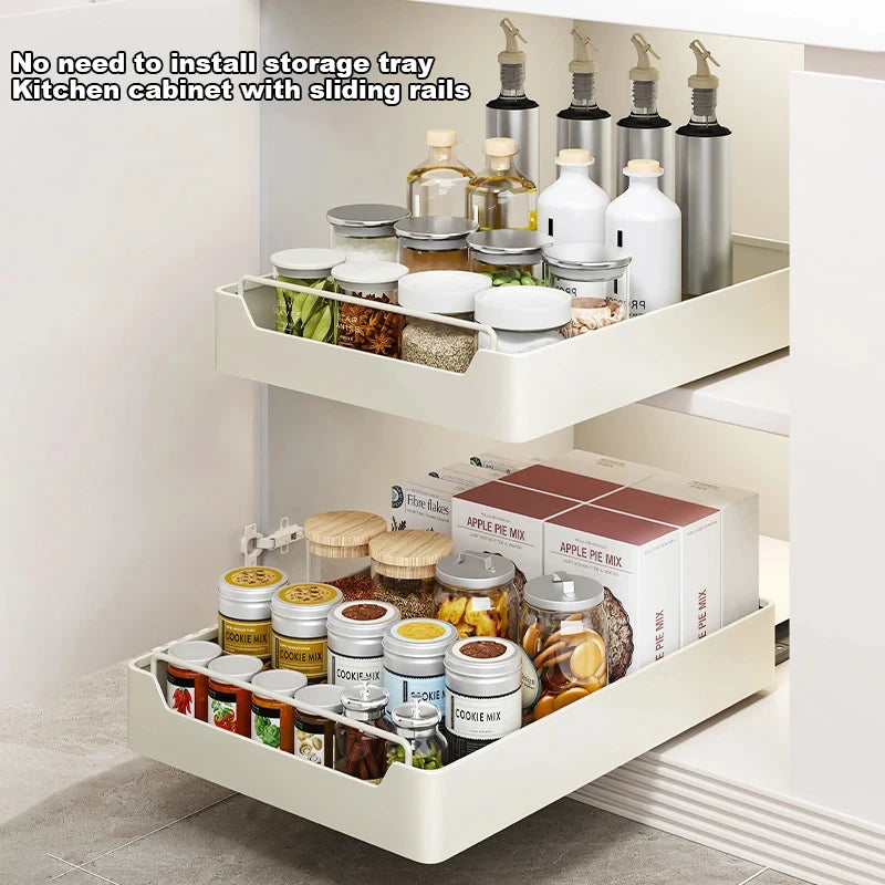 Kitchen Storage Box with Sliding Rail Pull-out Cabinet Storage Rack Spice Pantry Shelves Drawer Kitchen Organizer Basket